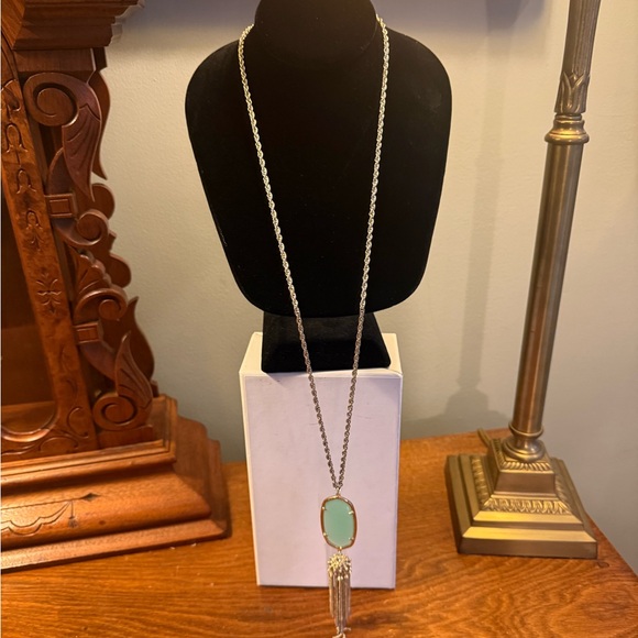 Kendra Scott Rayne 14k Gold Necklace Chalcedony Teal Stone w/ Tassel 30” - Picture 5 of 10